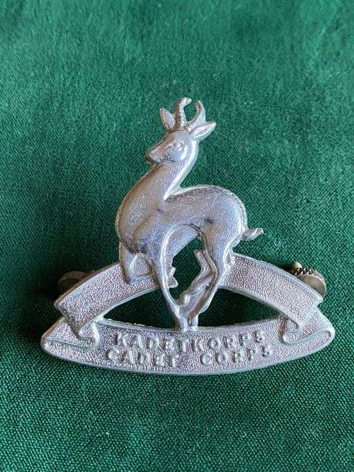SA SCHOOL CADETS WHITE METAL CAP BADGE- 2X SCREW LUGS