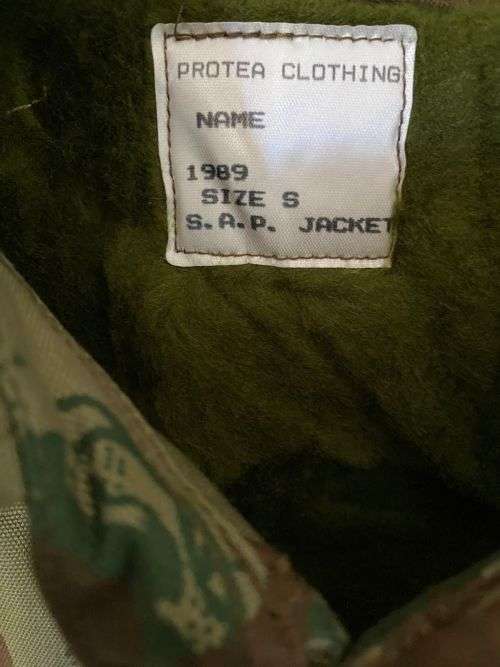 POLICE TASK FORCE 2ND PATTERN CAMO BUSH JACKET-LABELLED AND DATED 1989-MADE BY PROTEA SIZE SMALL BUT