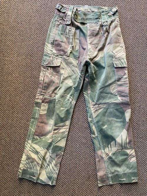 RHODESIAN CAMO TROUSERS-SIZE 30 WITH PIPE LENGTH OF 63CM-BATTLE WORN,WITH ALL BUTTONS REINFORCED BAC