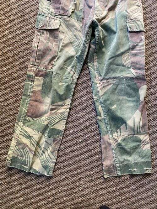 RHODESIAN CAMO TROUSERS-SIZE 30 WITH PIPE LENGTH OF 63CM-BATTLE WORN,WITH ALL BUTTONS REINFORCED BAC