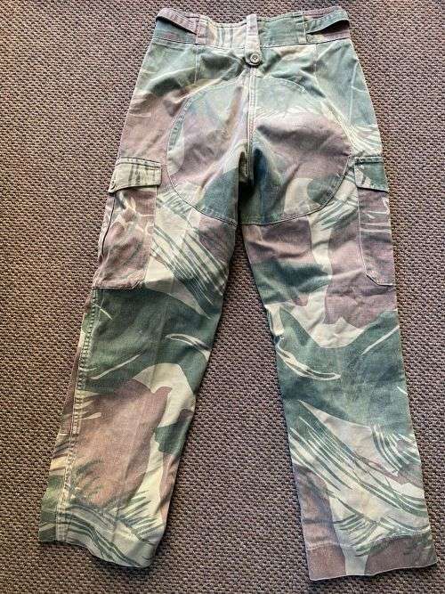 RHODESIAN CAMO TROUSERS-SIZE 30 WITH PIPE LENGTH OF 63CM-BATTLE WORN,WITH ALL BUTTONS REINFORCED BAC
