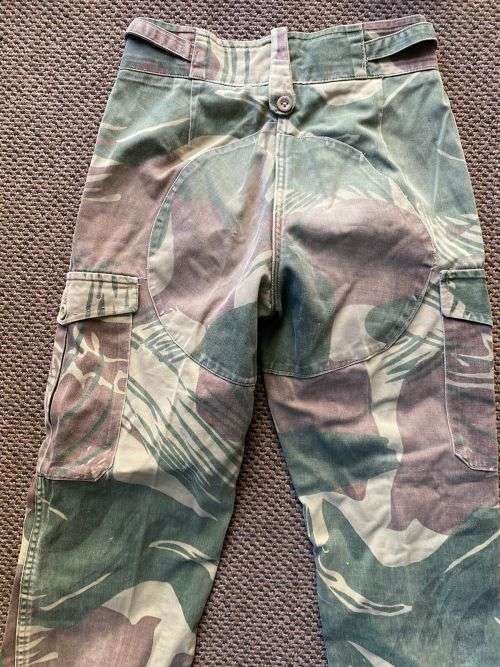 RHODESIAN CAMO TROUSERS-SIZE 30 WITH PIPE LENGTH OF 63CM-BATTLE WORN,WITH ALL BUTTONS REINFORCED BAC