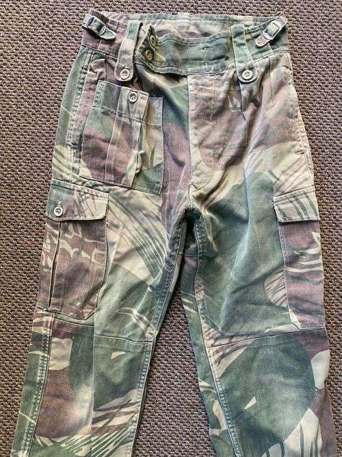 RHODESIAN CAMO TROUSERS-SIZE 30 WITH PIPE LENGTH OF 63CM-BATTLE WORN,WITH ALL BUTTONS REINFORCED BAC