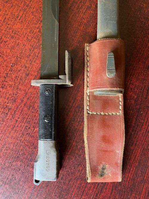 FN TYPE A BAYONET WITH TYPE A STEEL SCABBARD M IN U SADF MILITARY PROPERTY MARKINGS-COMES WITH LEATH