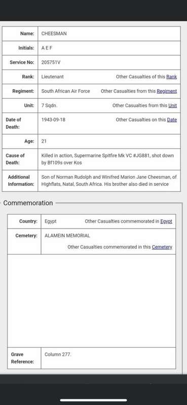 SAAF WW2 DEATH PLAQUE TO CPL. J.E.D. CHEESMAN,SEE PICS FOR INFO PLEASE,HIS BROTHER A SPITFIRE PILOT