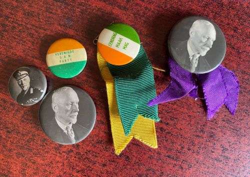 SELECTION OF VINTAGE POLITICAL BADGES AND ONE BANNER-SOLD TOGETHER- 6 ON TOTAL
