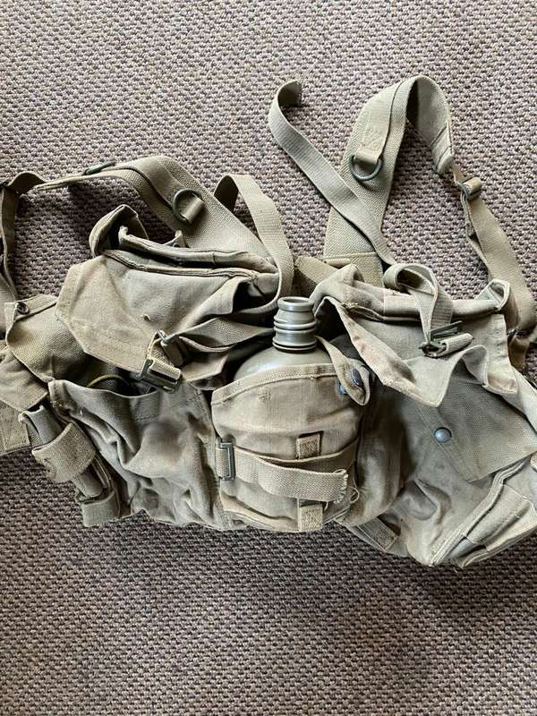 SADF PATTERN 73 WEBBING-SKELETON KIT-COMPLETE WITH BELT/YOKE AND WATER BOTTLE(NO LID)GOOD AND COMPL