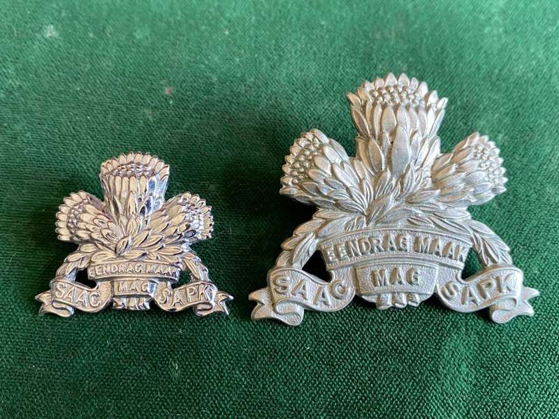 SA ARMOURED CORPS CAP AND ONE COLLAR-WORN 1970`S-1980`S-CAP MISSING LUGS- ONE PIN ON COLLAR