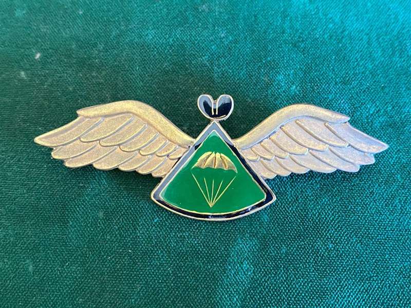 LESOTHO DEFENCE FORCE BASIC PARACHUTE WING-NUMBERED 082-GILDING METAL WINGS WITH GREEN ENAMEL CENTRE