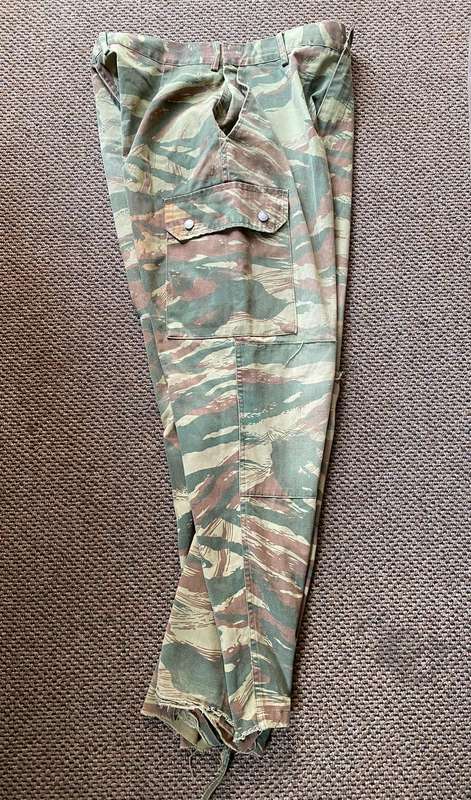 BATTLE WORN-ORIGINAL PORTUGUESE LIZARD PATTERN,CAMO TROUSERS-SIZE 32-PIPE LENGTH 73CM-USED BUT GOOD-
