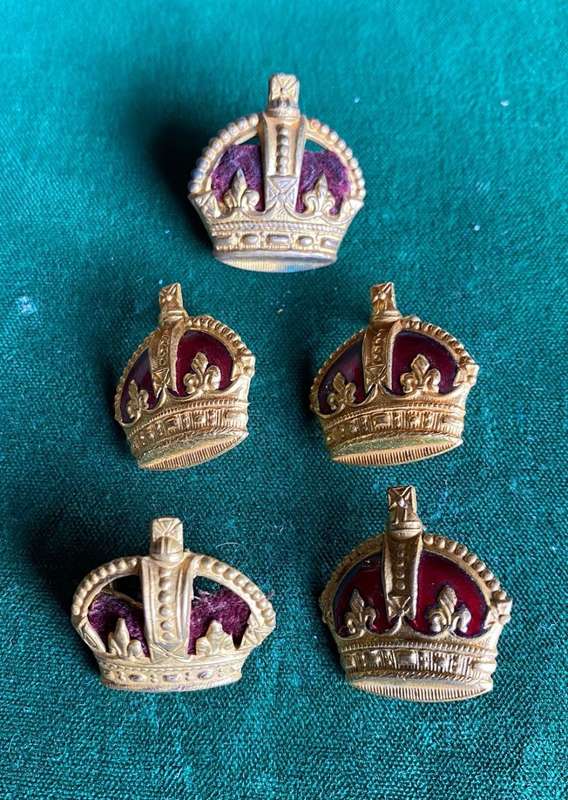 BRITISH OFFICERS CROWN GILT WITH FULL RED FELT BACKING- 5 SOLD TOGETHER-LUGS + PINS INTACT