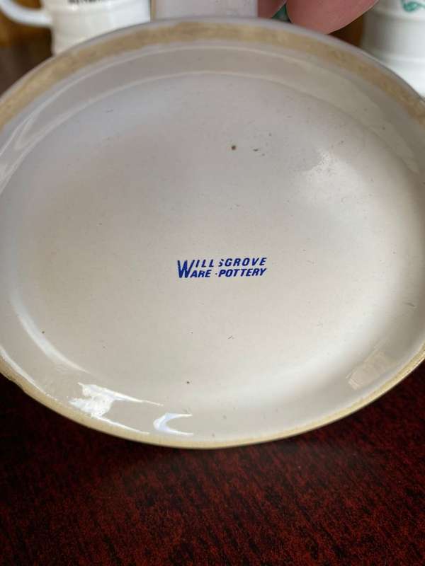 RHODESIA MUG WITH WILLGROVE WARE POTTERY,MAKERS STAMP-HEIGHT 14 CM-DIAMETER AT THE BOTTOM 11CM-GOOD