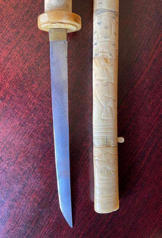 JAPANESE HAND CARVED BONE TANTO MEIJI PERIOD 1868-1912-TOTAL LENGTH 460CM