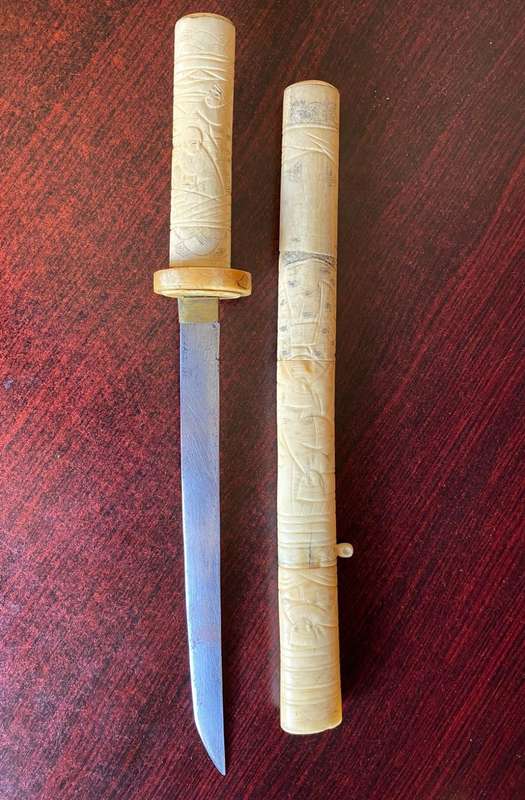 JAPANESE HAND CARVED BONE TANTO MEIJI PERIOD 1868-1912-TOTAL LENGTH 460CM