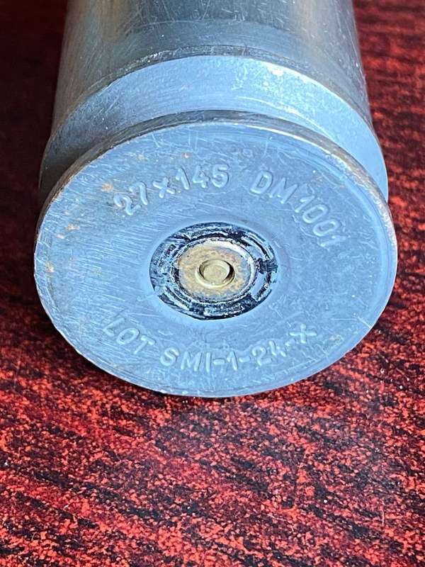 27X 145 SPENT CARTRIDGE-HEIGHT 14,5 CM-DIAMETER TOP 27MM-BOTTOM 34 MM