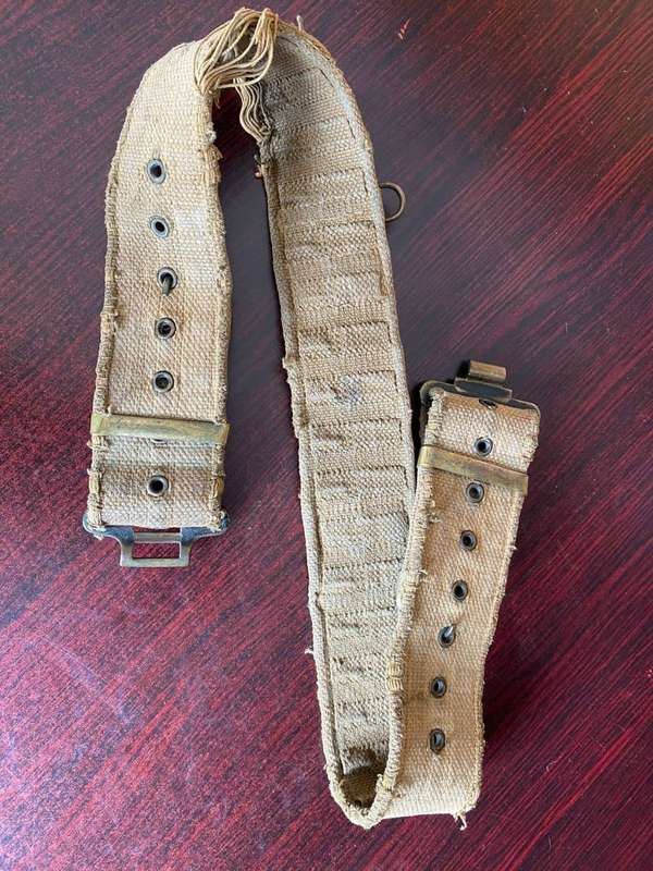 RHODESIAN PATTERN 62 WEBBING BELT-EXTENDED LENGTH 106 CM-WELL USED-BRASS RINGS AND BUCKLES