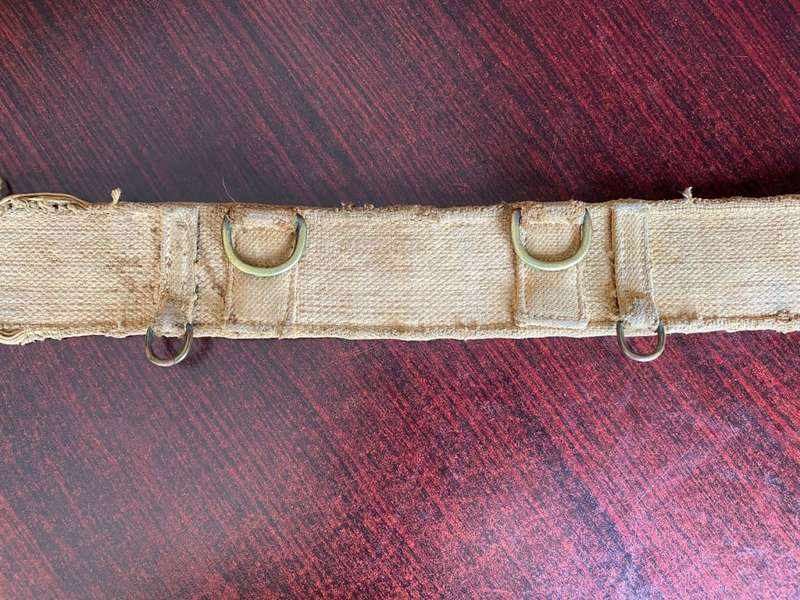 RHODESIAN PATTERN 62 WEBBING BELT-EXTENDED LENGTH 106 CM-WELL USED-BRASS RINGS AND BUCKLES