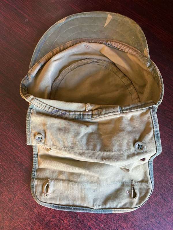 RHODESIAN CAMO FLAP CAP-ORIGINAL BATTLE USED- INSIDE RING MEASURES 57 CM -BUTTONS COMPLETE