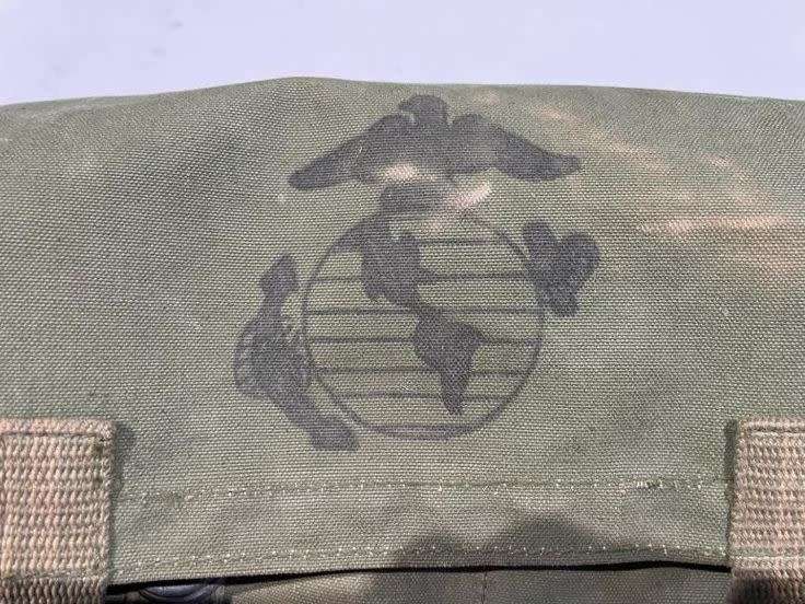RHODESIAN MILITARY ISSUE BACKPACK WITH METAL FRAME AND SLEEPING BAG COVER-LOOKING AT THE LOGO ON THE