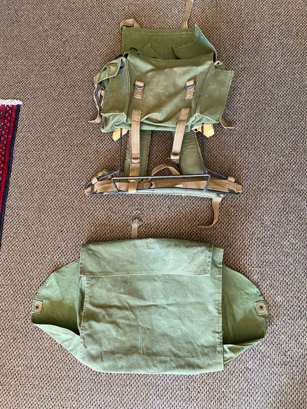 RHODESIAN MILITARY ISSUE BACKPACK WITH METAL FRAME AND SLEEPING BAG COVER-LOOKING AT THE LOGO ON THE