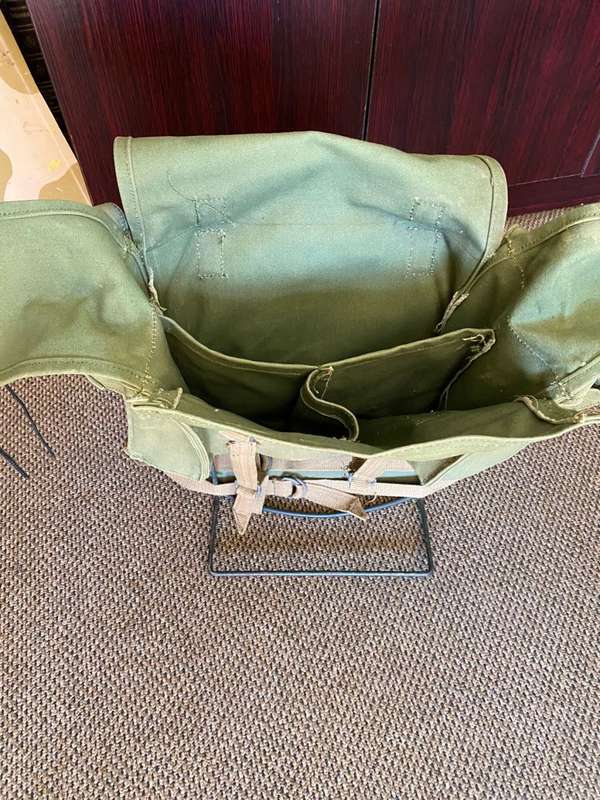 RHODESIAN MILITARY ISSUE BACKPACK WITH METAL FRAME AND SLEEPING BAG COVER-LOOKING AT THE LOGO ON THE