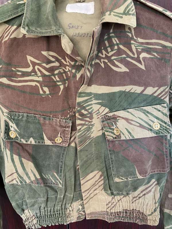 ORIGINAL PERIOD,RHODESIAN CAMO JACKET-BATTLE WORN BUT STILL GOOD CONDITION WITH ALL BUTTONS-NAME AND
