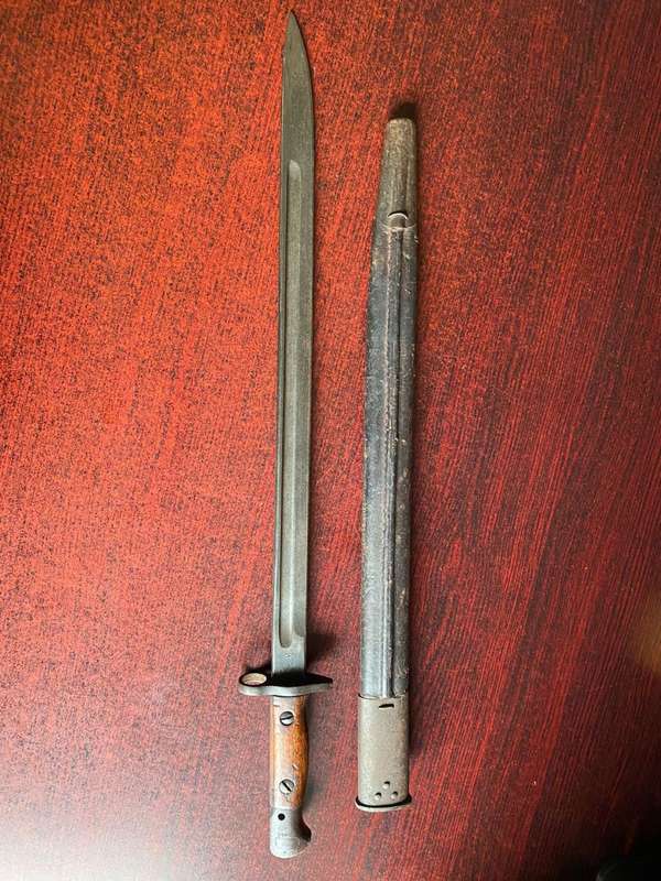 1907,BAYONET FOR .303 RIFLE MADE BY SANDERSON-COMES WITH SCABBARD,BOTH IN GOOD CONDITION-SAP MARKING