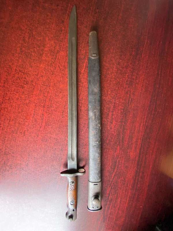 1907,BAYONET FOR .303 RIFLE MADE BY SANDERSON-COMES WITH SCABBARD,BOTH IN GOOD CONDITION-SAP MARKING