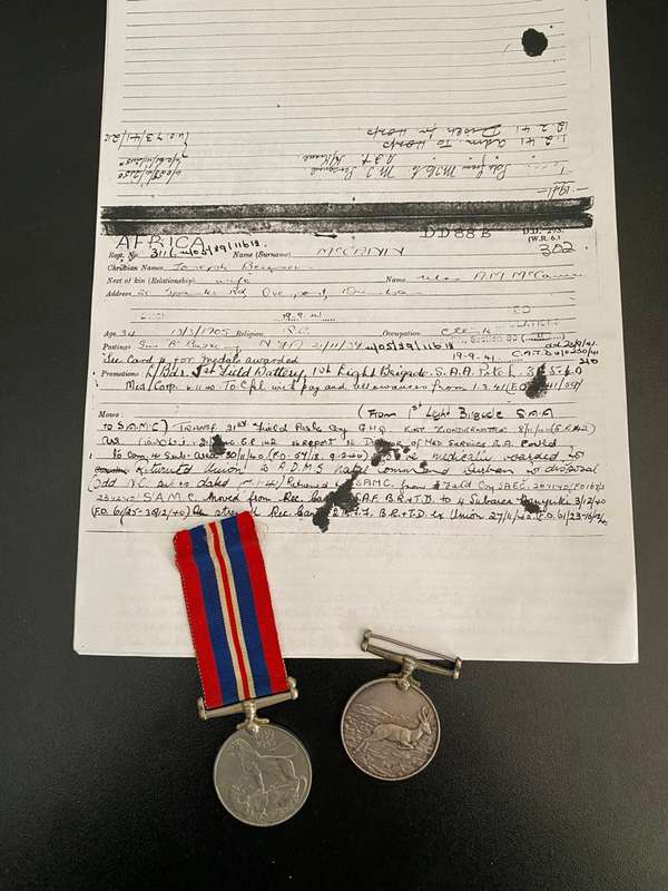 WAR MEDAL 1939-45-AFRICA SERVICE MEDAL 3116 J.B. MC CANN-ATTESTED B BATTERY NATAL FIELD ARTILLERY 21