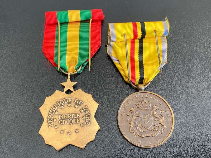 BELGIAN CONGO MERIT MEDAL (GOLD) 1953-1955 WITH ZAIRE NAVIVE SERVICE MEDAL-FULL SIZE PAIR