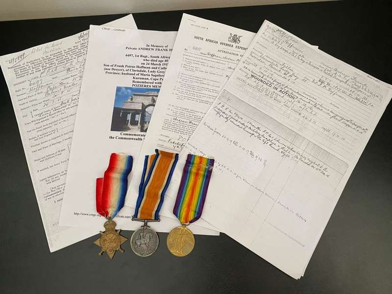 WW1 TRIO AWARDED TO PRIVATE ANDREW FRANK HOFFMAN-6497-1ST REGT. SA INF. (DULLINANS HORSE) 15 PAGES O