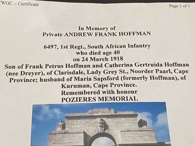 WW1 TRIO AWARDED TO PRIVATE ANDREW FRANK HOFFMAN-6497-1ST REGT. SA INF. (DULLINANS HORSE) 15 PAGES O