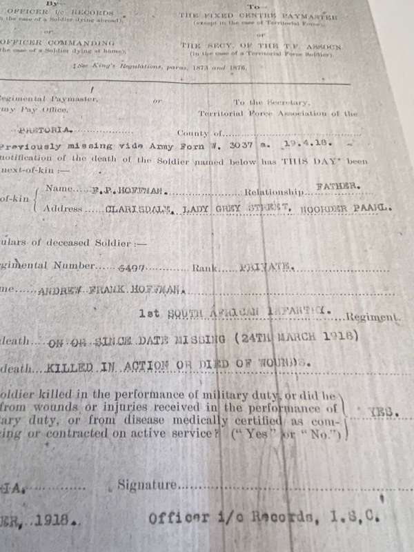 WW1 TRIO AWARDED TO PRIVATE ANDREW FRANK HOFFMAN-6497-1ST REGT. SA INF. (DULLINANS HORSE) 15 PAGES O