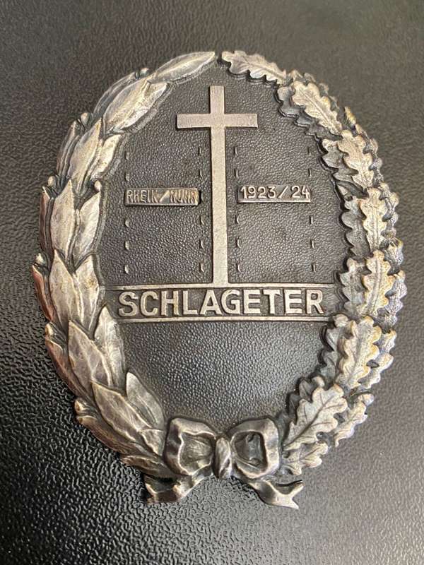 ORIGINAL WEIMAR REPUBLIC PERIOD FREIKORPS SCHLAGETER BADGE-MAKER MARKED -2 BARS RHEIN/RUHR 1923-24