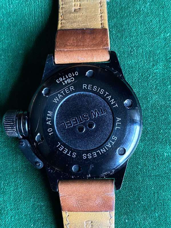 TW STEEL BLACKMENS WATCH,WITH BROWN LEATHER STRAP-CASE SIZE 45M-PERFECT WORKING CONDITION