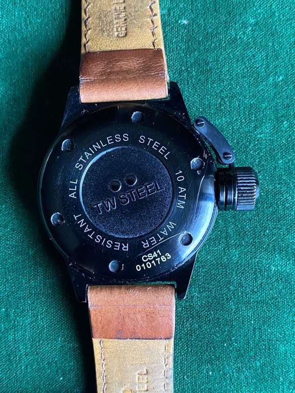 TW STEEL BLACKMENS WATCH,WITH BROWN LEATHER STRAP-CASE SIZE 45M-PERFECT WORKING CONDITION