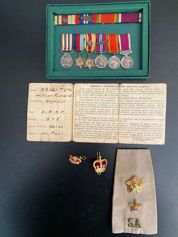 MINIATURE MEDAL GROUP,FULL SIZE MEDAL BAR -WW2 ID CARD TO CAPTAIN BRIGHTON WILLIAM RICHARD,SAAF AND