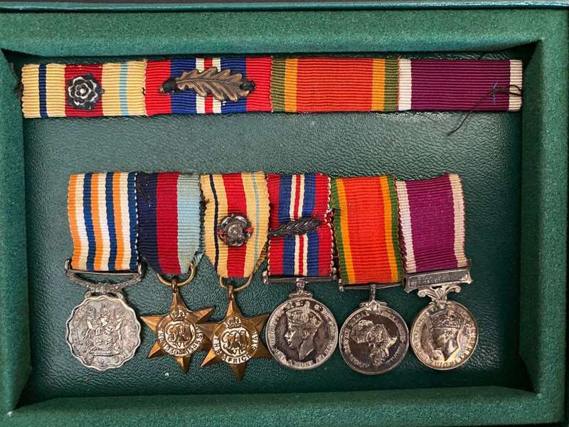 MINIATURE MEDAL GROUP,FULL SIZE MEDAL BAR -WW2 ID CARD TO CAPTAIN BRIGHTON WILLIAM RICHARD,SAAF AND