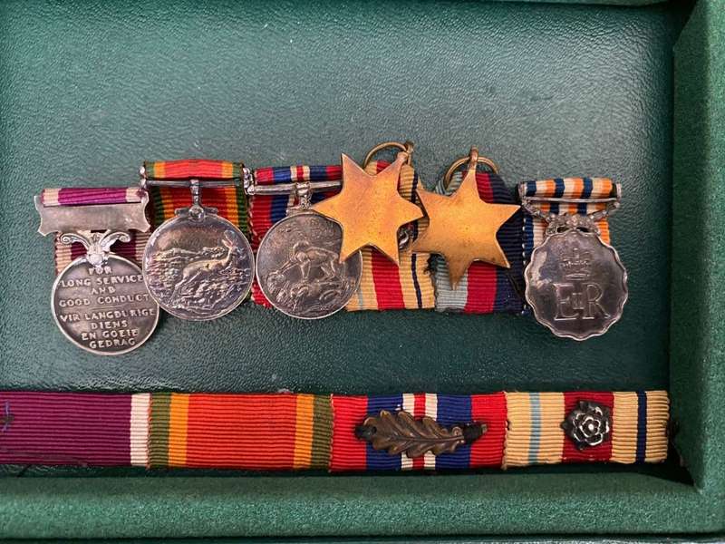 MINIATURE MEDAL GROUP,FULL SIZE MEDAL BAR -WW2 ID CARD TO CAPTAIN BRIGHTON WILLIAM RICHARD,SAAF AND