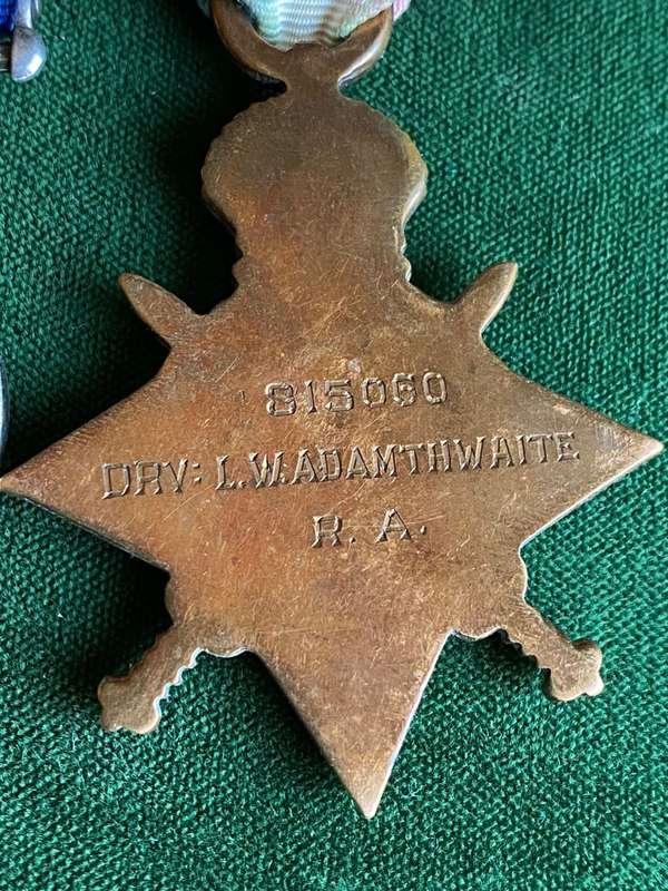 WW1/ 2 MOUNTED MEDAL GROUP-AWARDED TO 815060 DRV L.W. ADAMWAITE ROYAL ARTILLERY-WW1 STAR IS ENGRAVE
