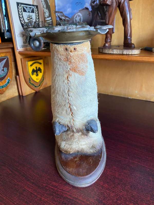 MOUNTED ELAND LEG ASHTRAY-HEIGHT 29CM-BASE MEASURES 25X 13 CM