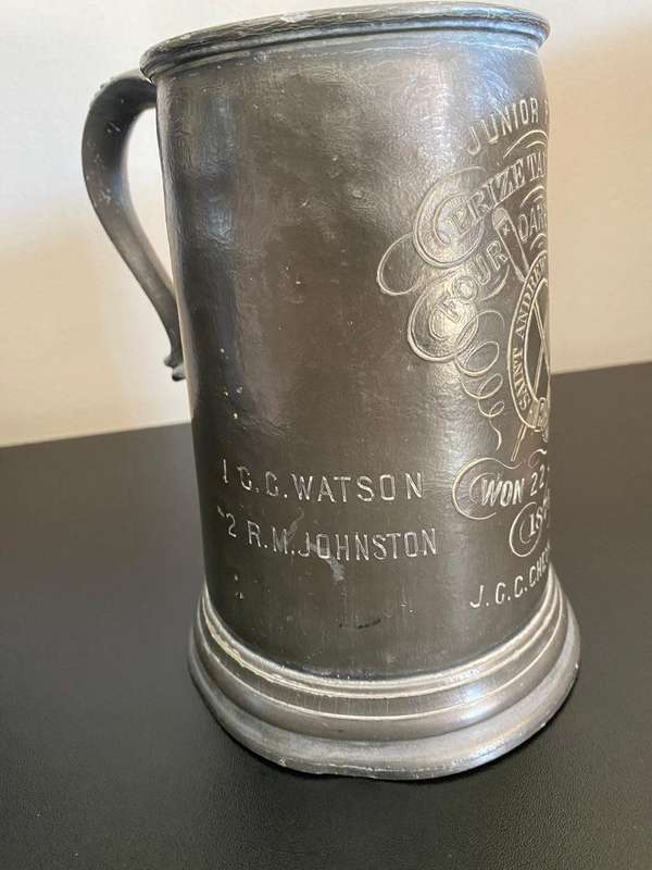 LARGE PEWTER TANKARD (GLASS BOTTOM)GIVEN AS A TROPHY-JUNIOR FOURS,FOUR OARED RACE-DATED 1874-PLEASE