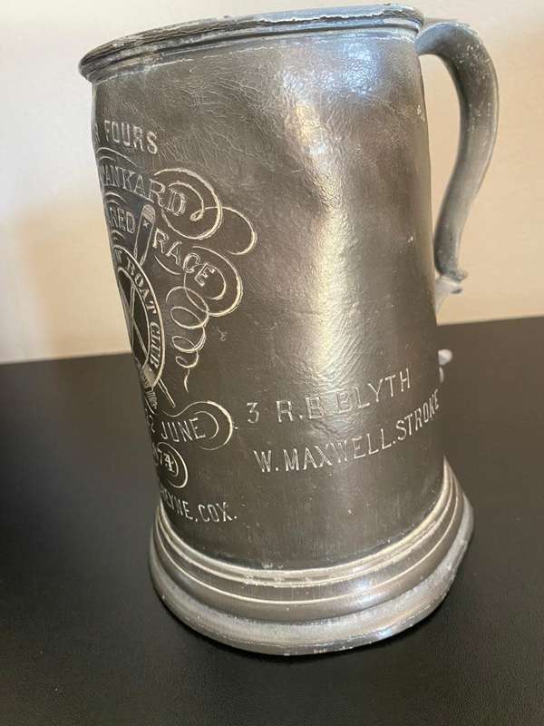 LARGE PEWTER TANKARD (GLASS BOTTOM)GIVEN AS A TROPHY-JUNIOR FOURS,FOUR OARED RACE-DATED 1874-PLEASE