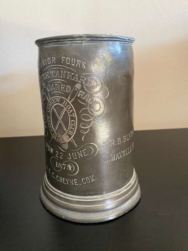 LARGE PEWTER TANKARD (GLASS BOTTOM)GIVEN AS A TROPHY-JUNIOR FOURS,FOUR OARED RACE-DATED 1874-PLEASE