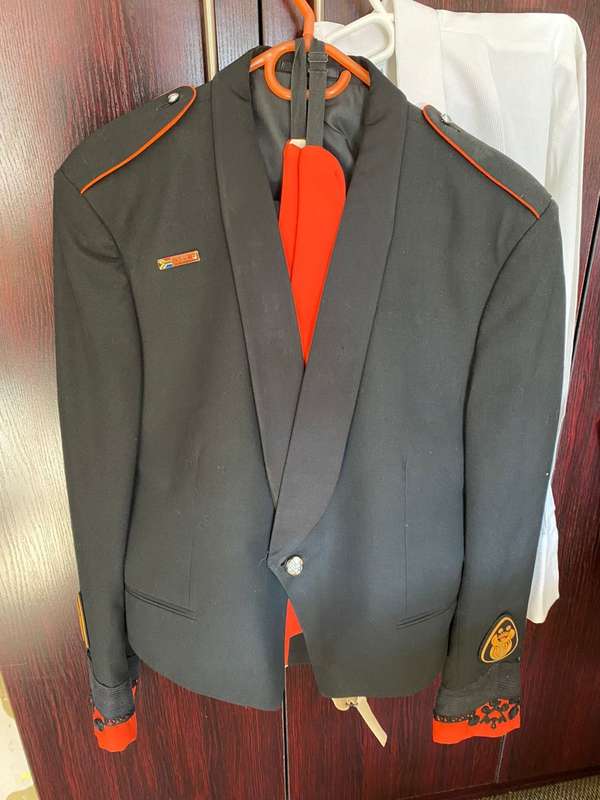 COMPLETE MESS DRESS UNIFORM,SHIRT,JACKET,UNDER JACKET AND TROUSERS-THE JACKET A SIZE LARGE-MEASURES