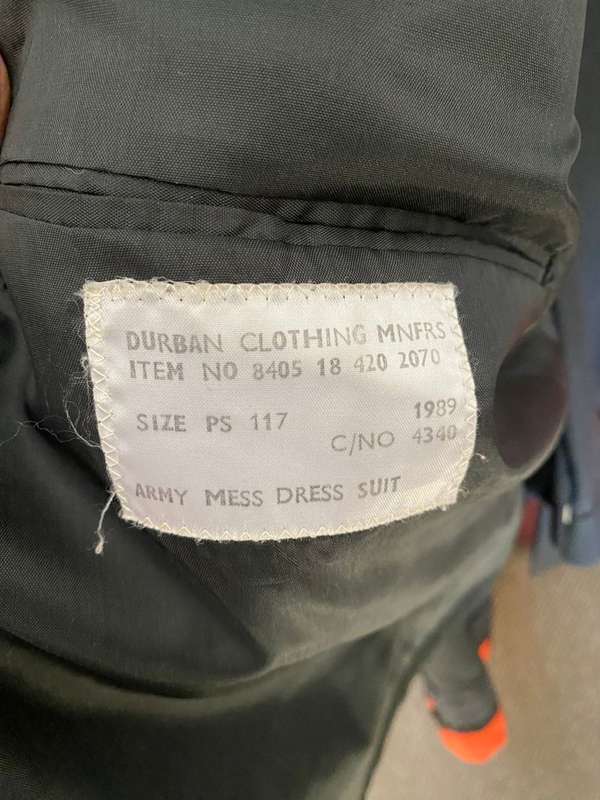 COMPLETE MESS DRESS UNIFORM,SHIRT,JACKET,UNDER JACKET AND TROUSERS-THE JACKET A SIZE LARGE-MEASURES