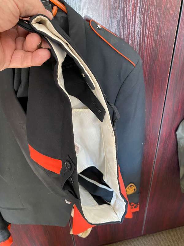 COMPLETE MESS DRESS UNIFORM,SHIRT,JACKET,UNDER JACKET AND TROUSERS-THE JACKET A SIZE LARGE-MEASURES