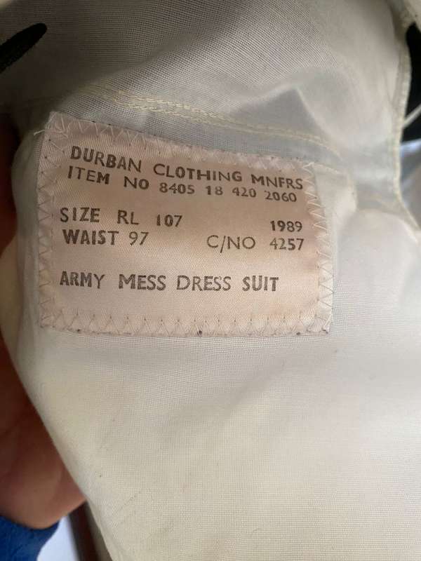 COMPLETE MESS DRESS UNIFORM,SHIRT,JACKET,UNDER JACKET AND TROUSERS-THE JACKET A SIZE LARGE-MEASURES
