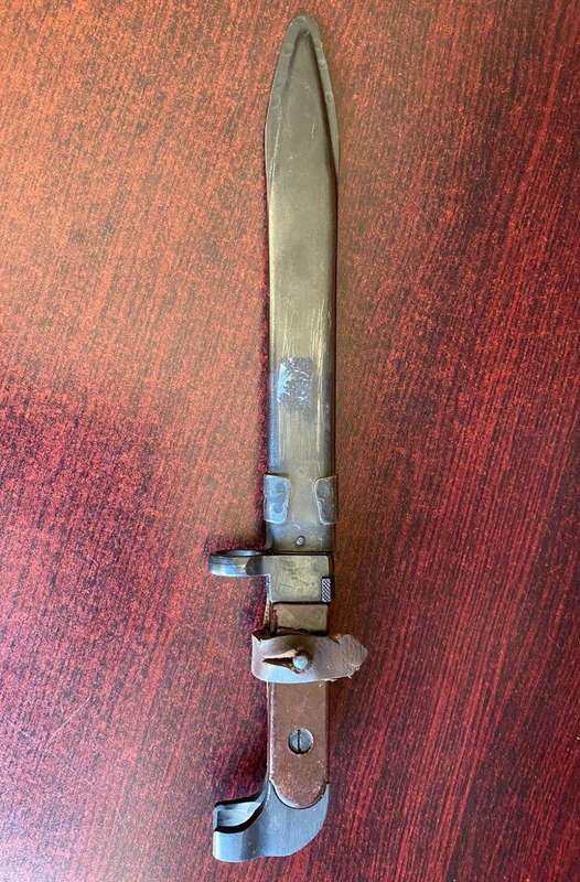RUSSIAN AK47 BAYONET-THE SCABBARD WITH DISTINCTIVE LIP AROUND TIP AND WEB BELT LOOP-VERY GOOD CONDIT