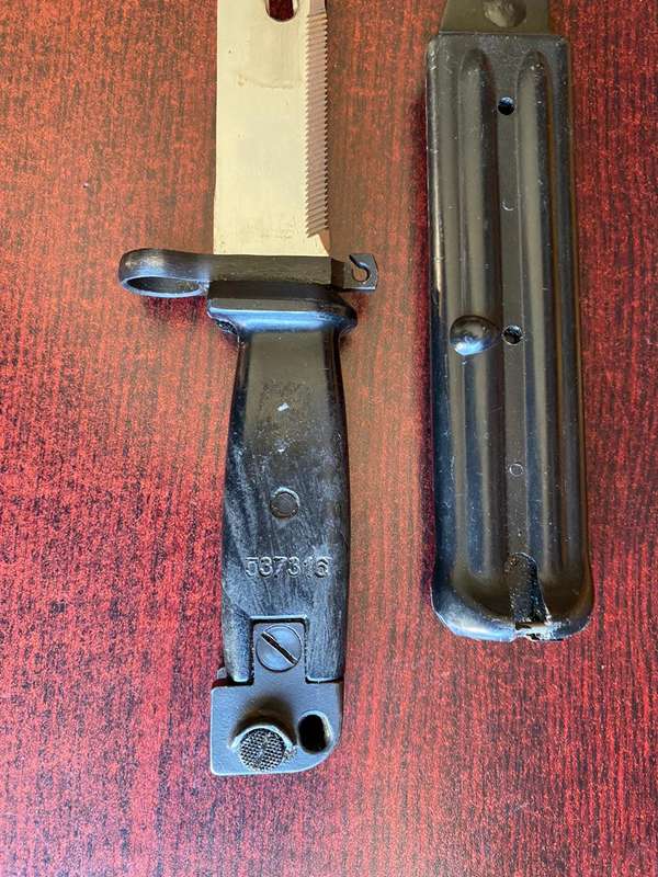EAST GERMAN AK74 BAYONET WITH SCABBARD-THE STEEL POMMEL OF THE AK74 OVER CAME IMPACT DAMAGE-MATCHING